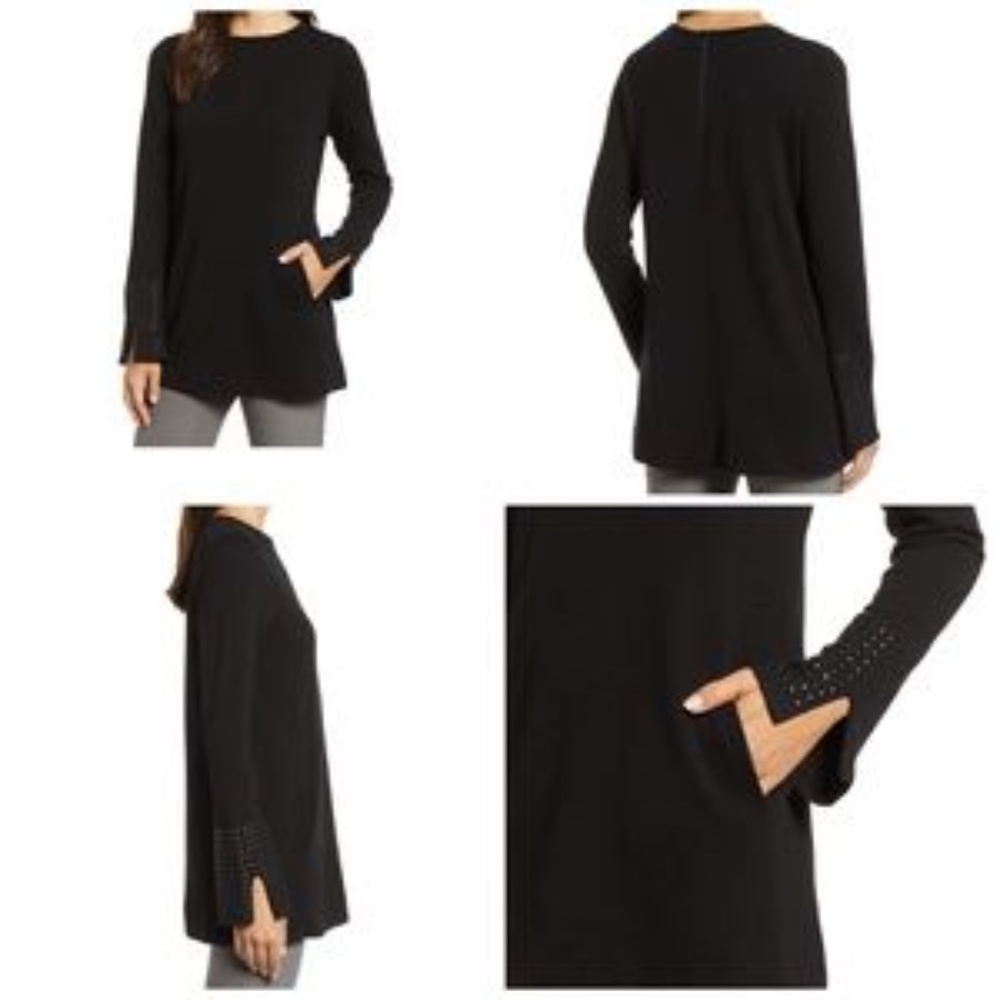 HP: NIC+ZOE | Black Studded Sleeve Flared Cuffs Pocket Stretch Zip Top Sweater M - Picture 3 of 12